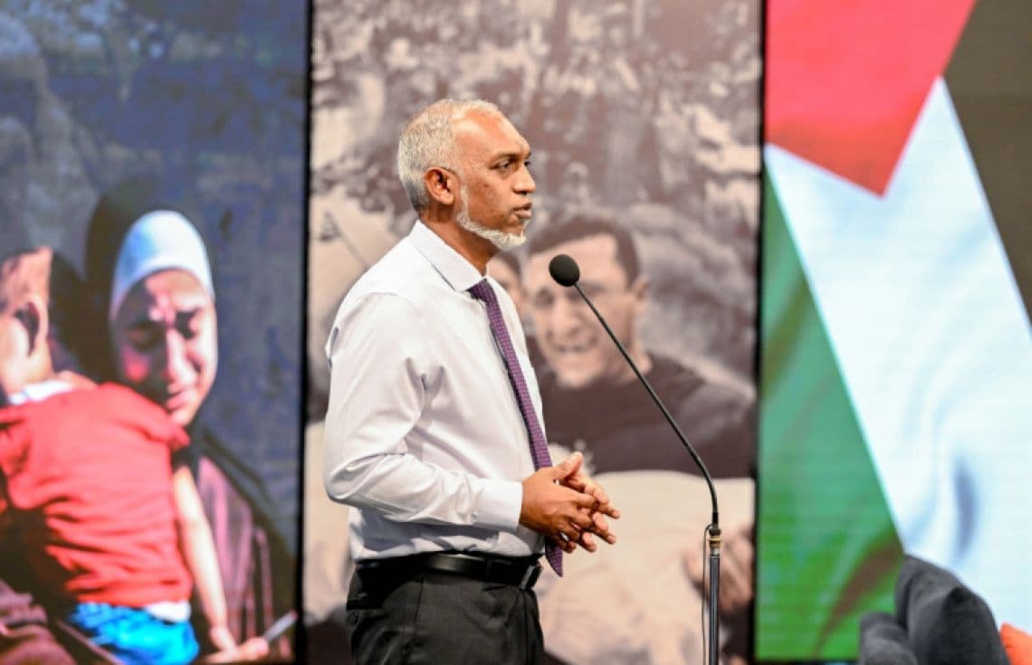 "ފަލަސްޠީނާއެކު ދިވެހީން" ޓެލެތޯން އިފްތިތާޙުކުރުމަށް ބޭއްވި ރަސްމިއްޔާތުގައި ރައީސް ވާހަކަފުޅުދައްކަވަނީ. / ފޮޓޯ: ރައީސް އޮފީސް