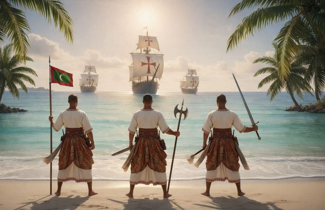 އަލީ ރަސްގެފާނު ޕޯޗުގީޒުންނާ ކުރެއްވި ޖިހާދު ރަމްޒުވާގޮތަށް އޭއައި ބޭނުންކޮށްގެން ހަދާފައިވާ ފޮޓޯއެއް--- ފޮޓޯ: ޖެމެނައި އޭއައި