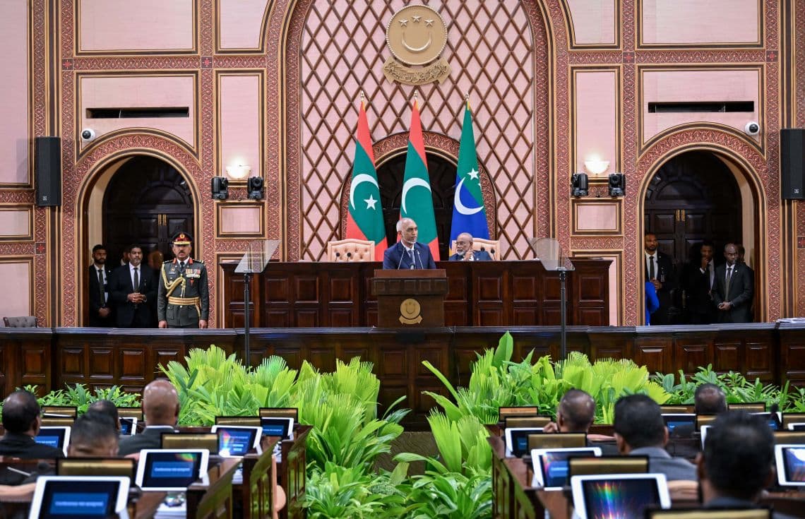 ރައީސް ޑރ. މުއިއްޒު ރިޔާސީ ބަޔާން އިއްވަނީ--- ފޮޓޯ: ރައީސް އޮފީސް