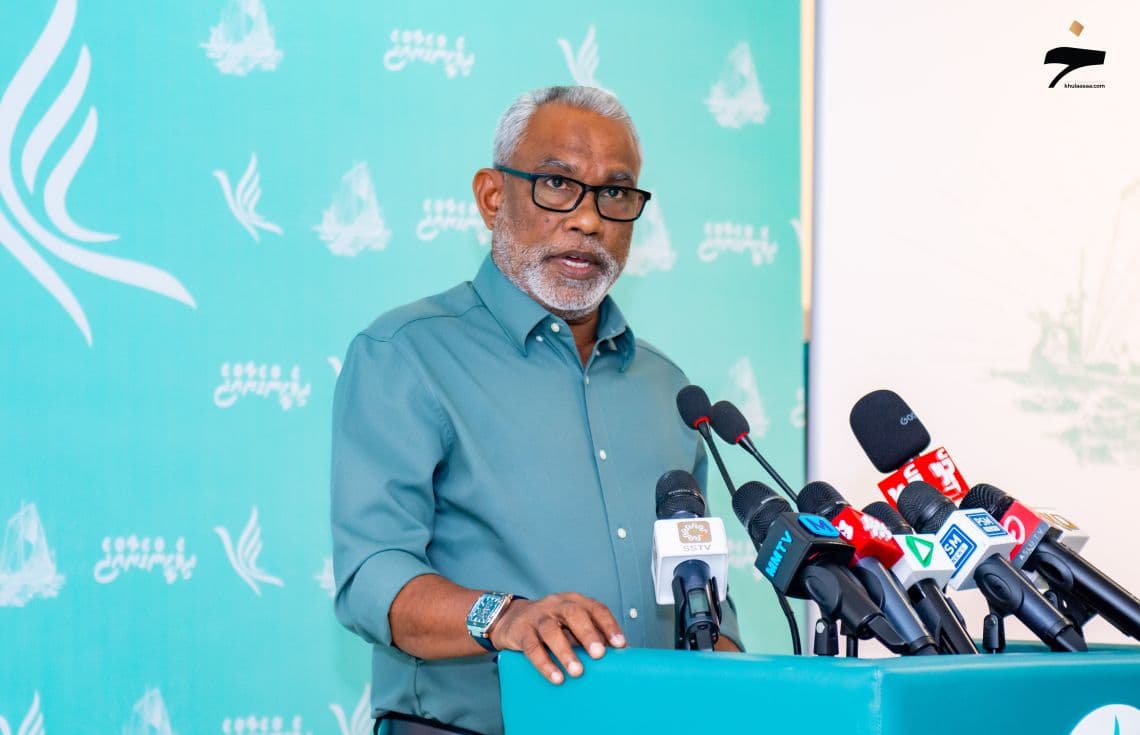 ޕީއެންސީގެ ޗެއާޕާސަން އަބްދުއްރަހީމް އެ ޕާޓީން ބޭއްވި ޖަލްސާއެއްގައި ވާހަކަފުޅު ދައްކަވަނީ. / ފޮޓޯ: ޚުލާސާ